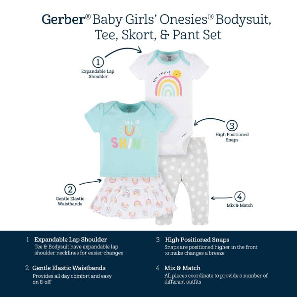 4-Piece Baby Girls Dots Of Rainbows Onesies? Bodysuit, Tee, Skort & Pant Set