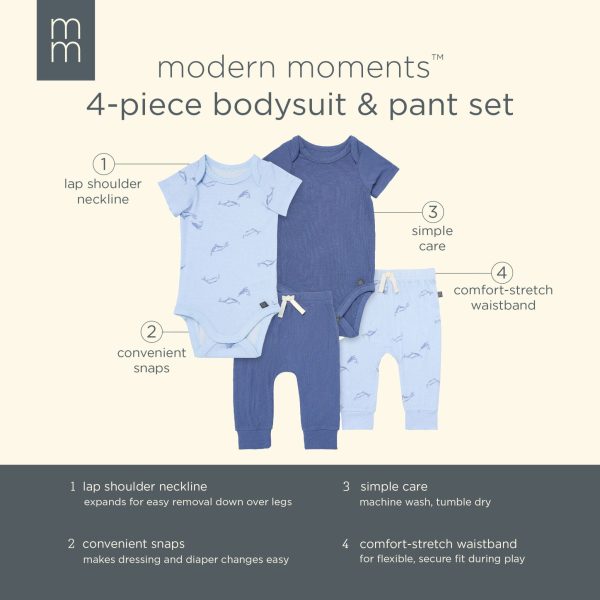 4-Piece Baby Boys Light Blue Whale Bodysuits and Pants Set